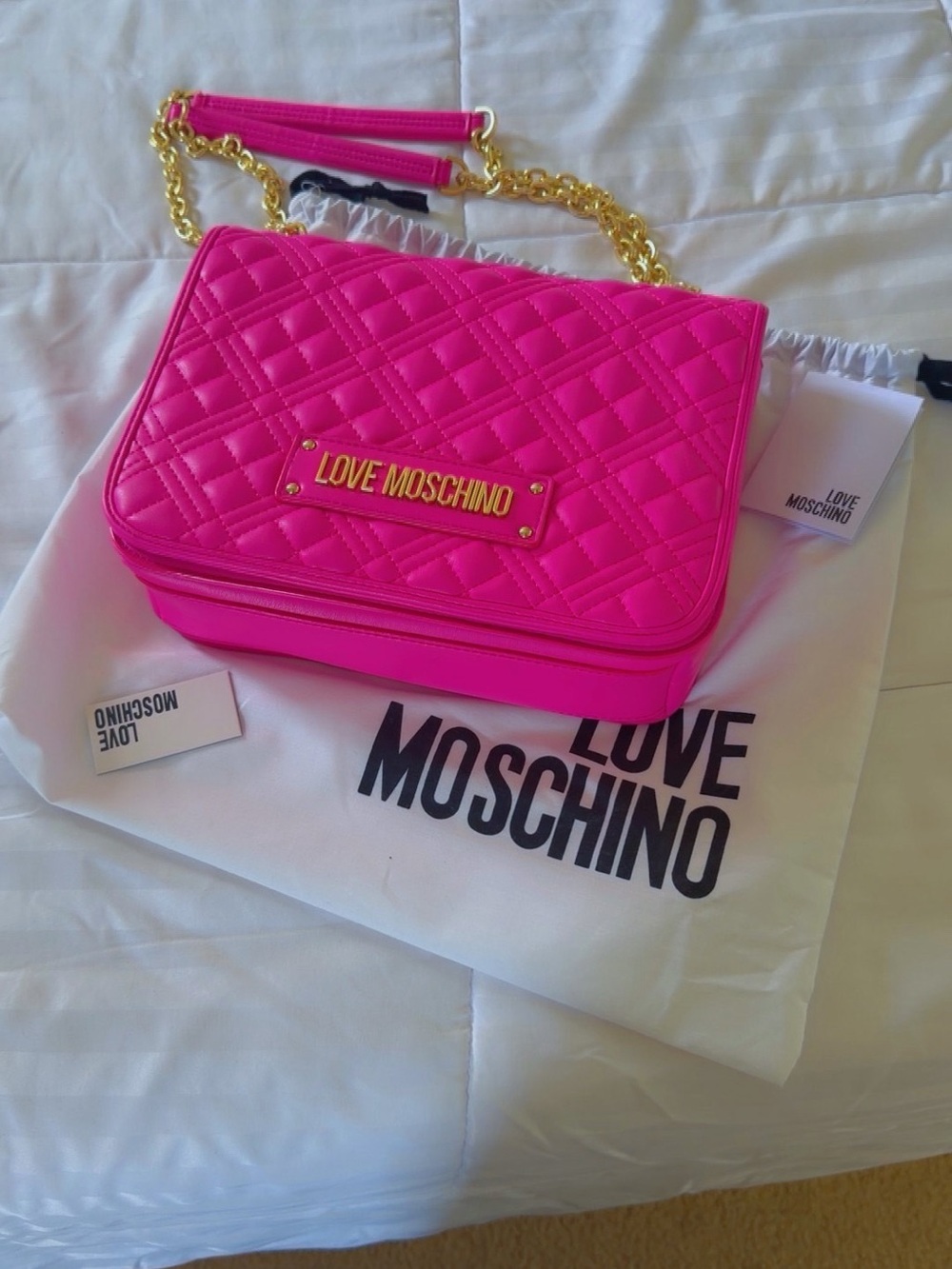 Love Moschino Hot Pink Quilted Chain Shoulder Bag with Gold Hardware